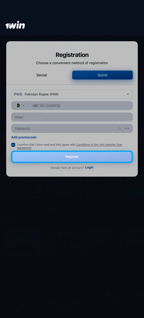 Click the register button on the official 1win website to finish account creation.