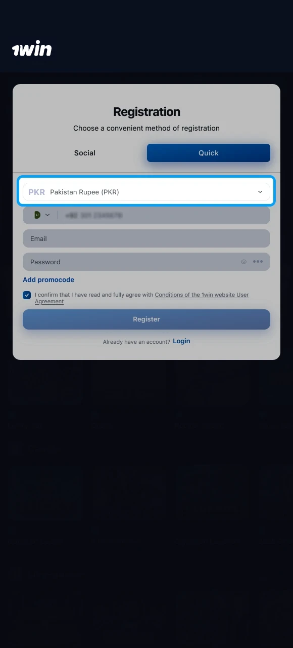 Choose your preferred registration method and select PKR as your currency on the 1win website.