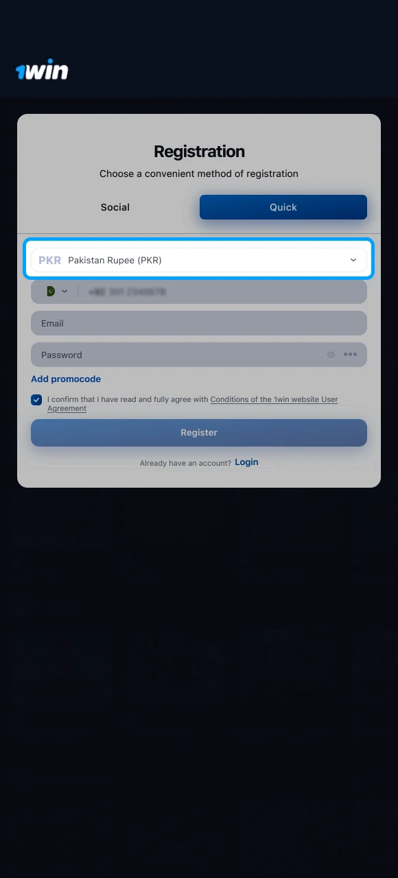 Choose your preferred registration method and select PKR as your currency on the 1win website.