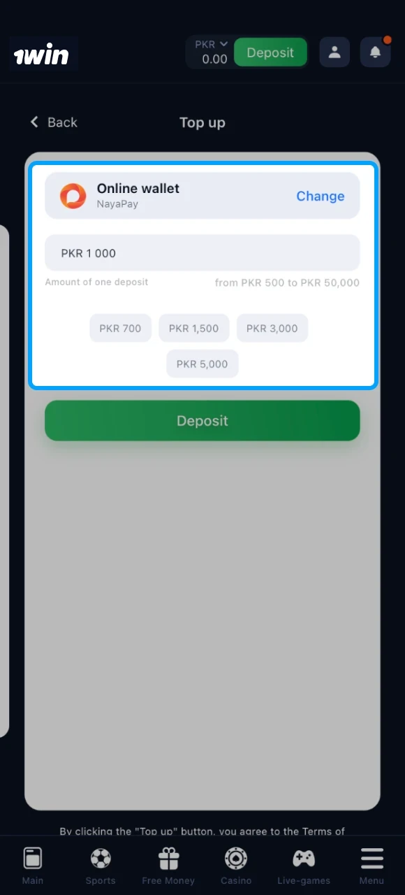 Choose a deposit method, enter the desired amount and get access to casino games in the online casino 1win.