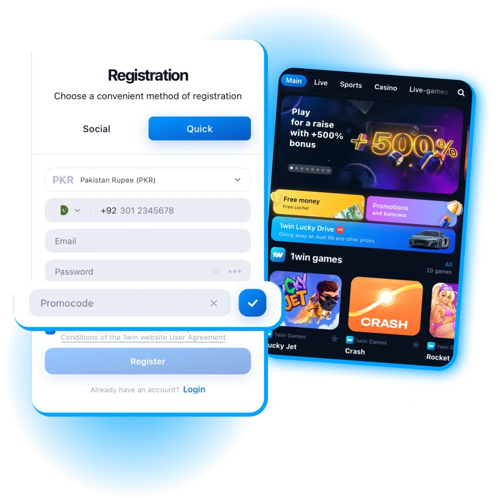 Use the promo code on the 1win online casino website.